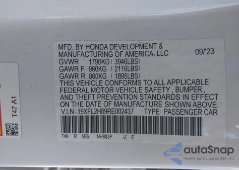 2024 Honda Civic Sport из США, поврежденный, VIN 19XFL2H89RE002437